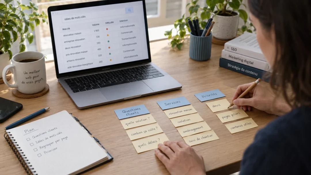 Recherche de mots-clés SEO sur ordinateur et organisation des questions clients sur des notes.